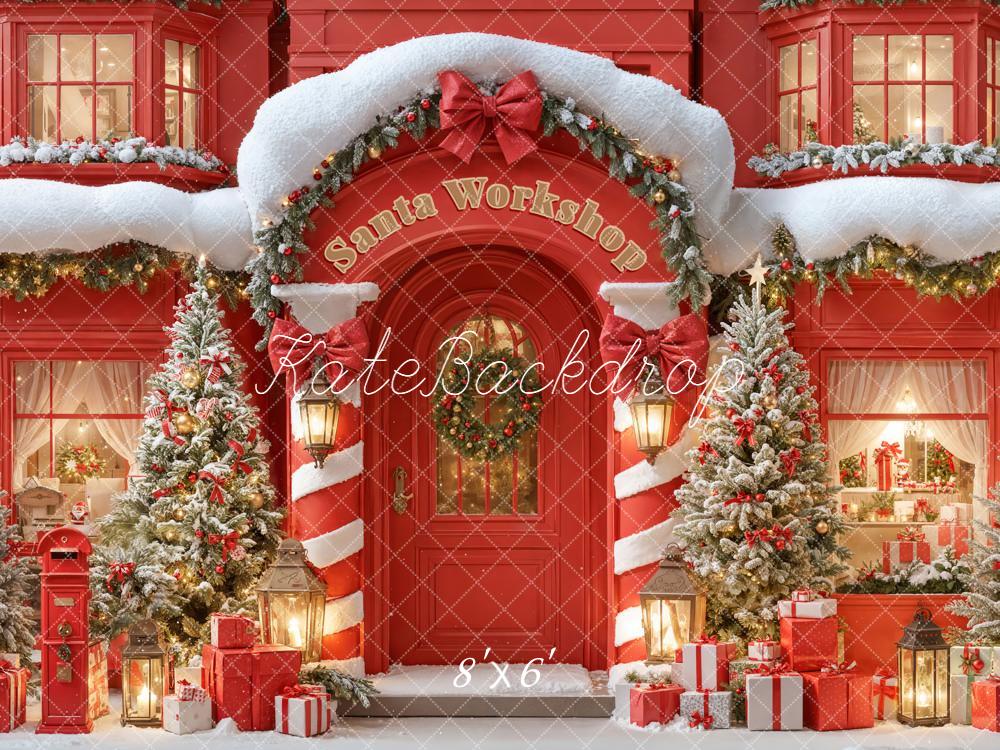 Kate Red Christmas Santa Workshop Snowy Trees Backdrop Designed by Emetselch - Image 3