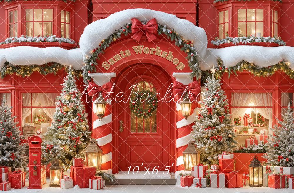 Kate Red Christmas Santa Workshop Snowy Trees Backdrop Designed by Emetselch - Image 4
