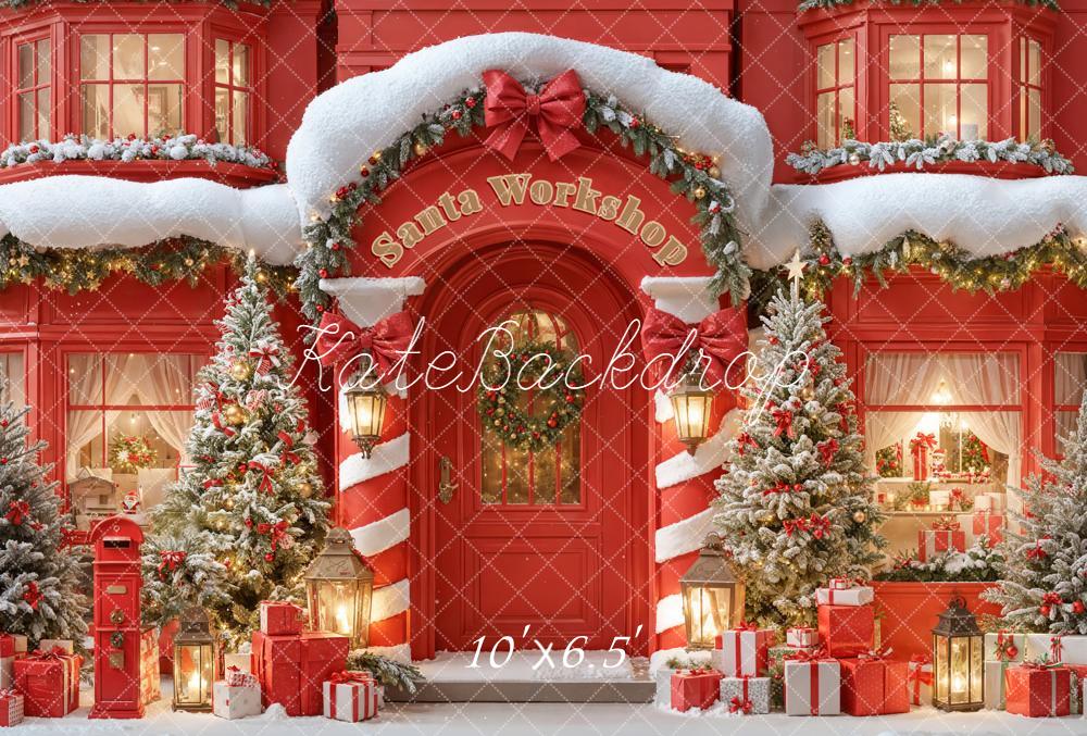 Kate Christmas Santa Workshop Snowy Trees Fleece Backdrop Designed by Emetselch - Image 2