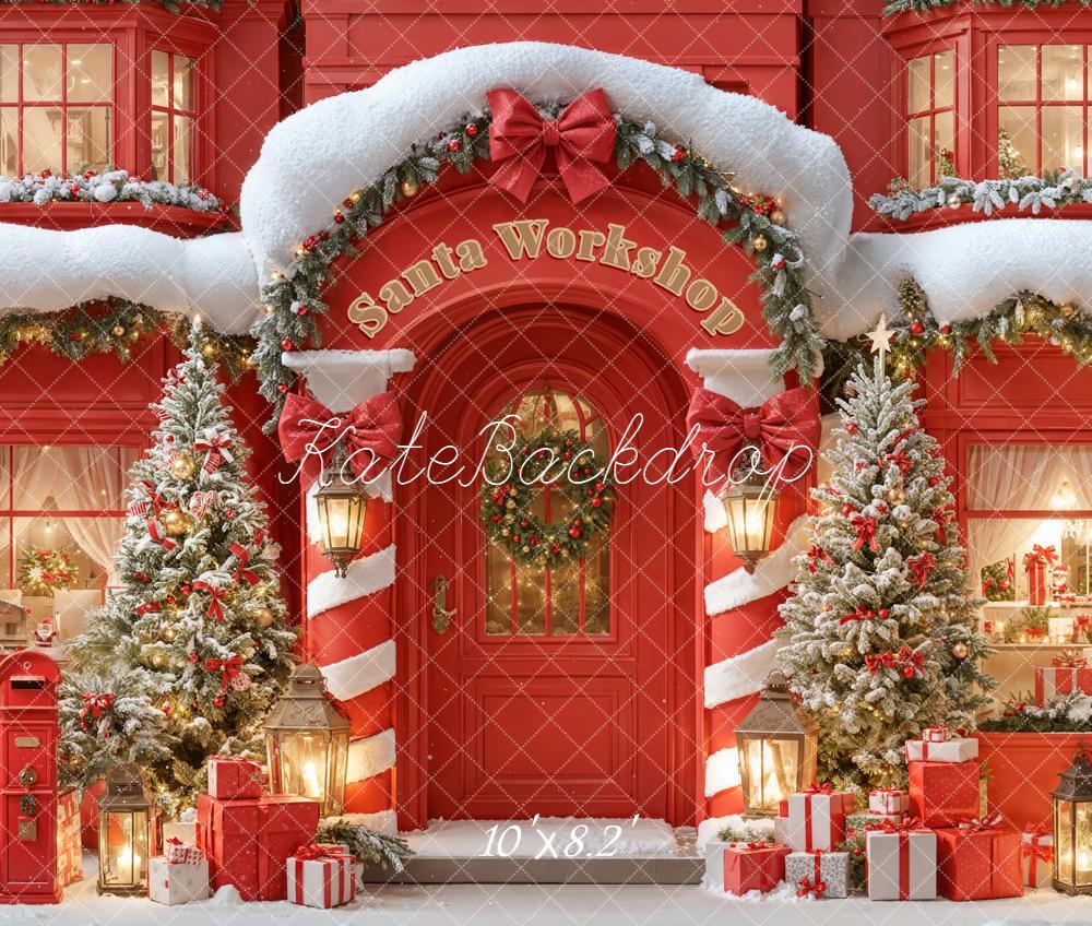 Kate Christmas Santa Workshop Snowy Trees Fleece Backdrop Designed by Emetselch - Image 3