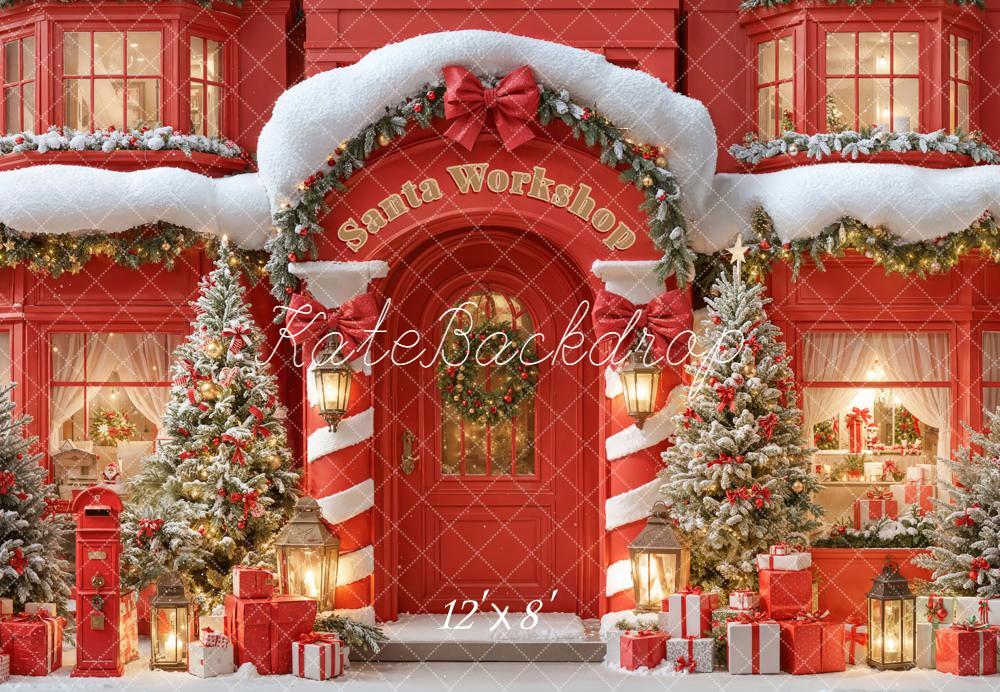 Kate Christmas Santa Workshop Snowy Trees Fleece Backdrop Designed by Emetselch - Image 4