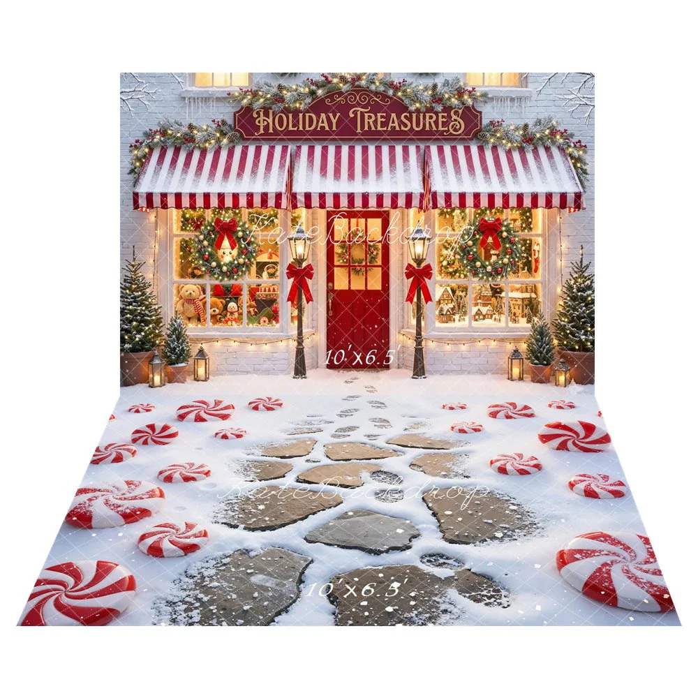 Kate Christmas Shop Window Wreath Backdrop+Peppermint Candy Stones Snow Backdrop - Image 2