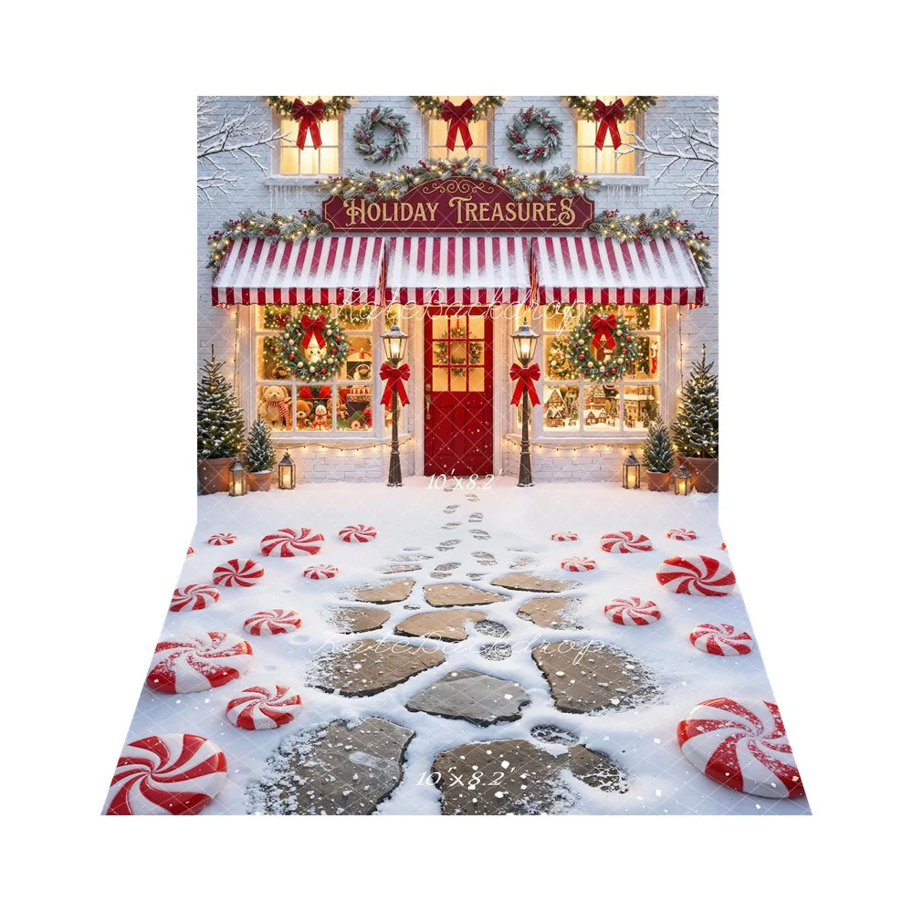 Kate Christmas Shop Window Wreath Backdrop+Peppermint Candy Stones Snow Backdrop - Image 4