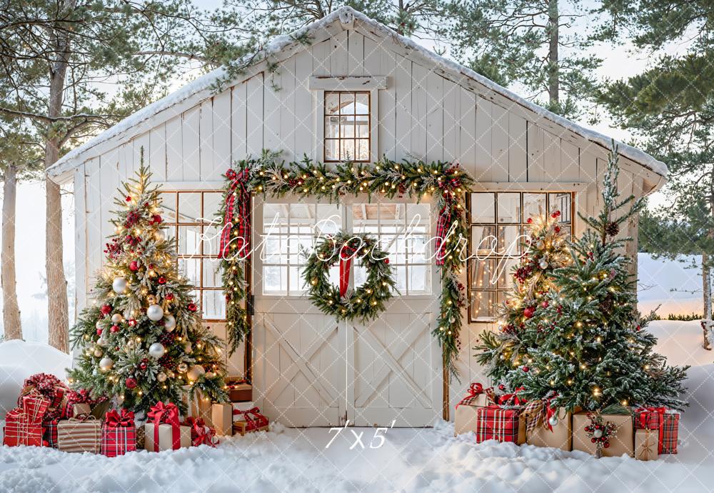 Kate Christmas Snow Cottage Trees Presents Backdrop Designed by Emetselch