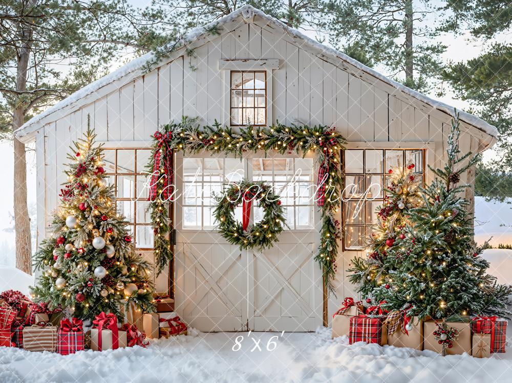 Kate Christmas Snow Cottage Trees Presents Backdrop Designed by Emetselch - Image 3