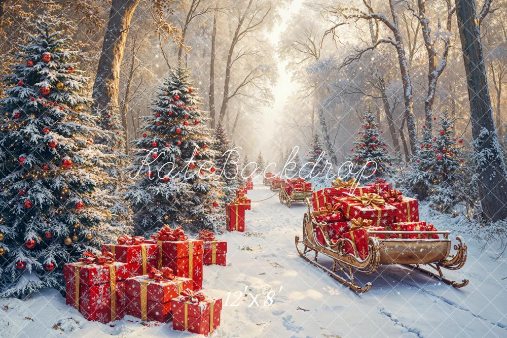 Kate Christmas Snow Forest Gift Sleigh Backdrop Designed by Emetselch - Image 8