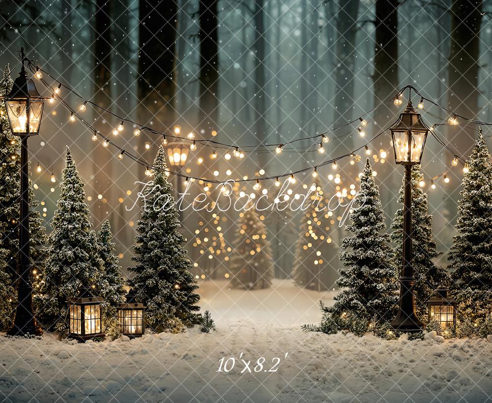 Kate Christmas Snow Forest Lanterns Lights Fleece Backdrop Designed by Emetselch - Image 3