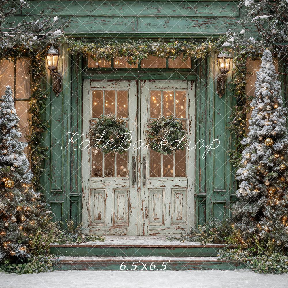 Kate Christmas Snow Frosted Trees Door Green Backdrop Designed by Ashley Paul - Image 2