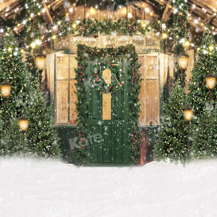 Kate Christmas Snow Green Door Tree Backdrop for Photography - Image 2