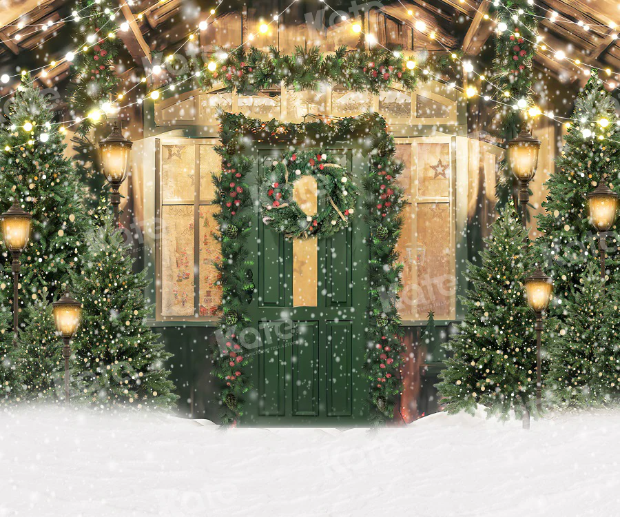 Kate Christmas Snow Green Door Tree Backdrop for Photography - Image 3