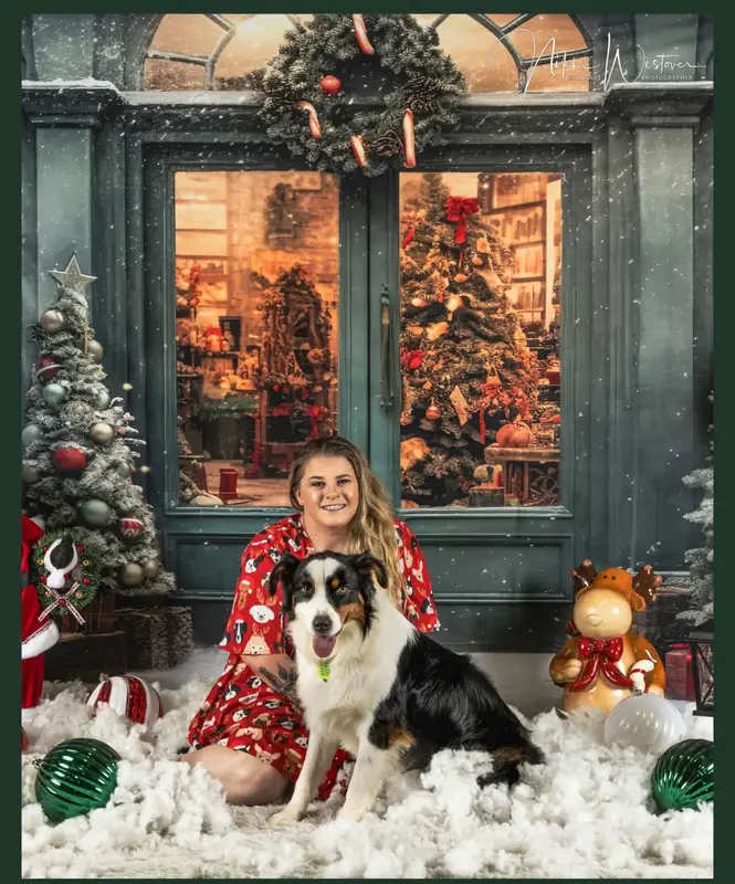 Kate Christmas Snow Green House Store Tree Backdrop Designed by Emetselch - Image 3