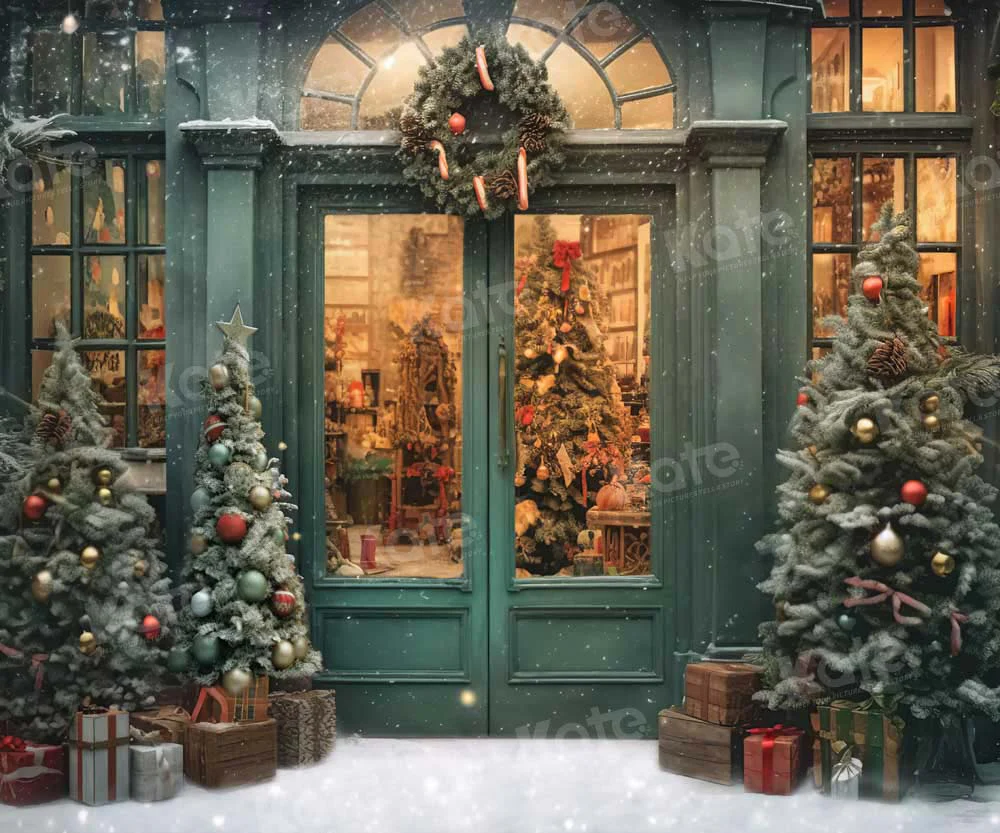 Kate Christmas Snow Green House Store Tree Backdrop Designed by Emetselch - Image 5