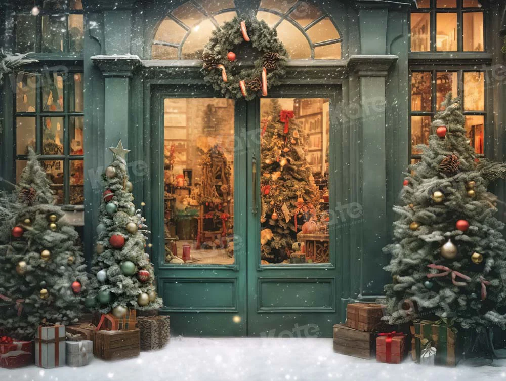 Kate Christmas Snow Green House Store Tree Backdrop Designed by Emetselch - Image 6