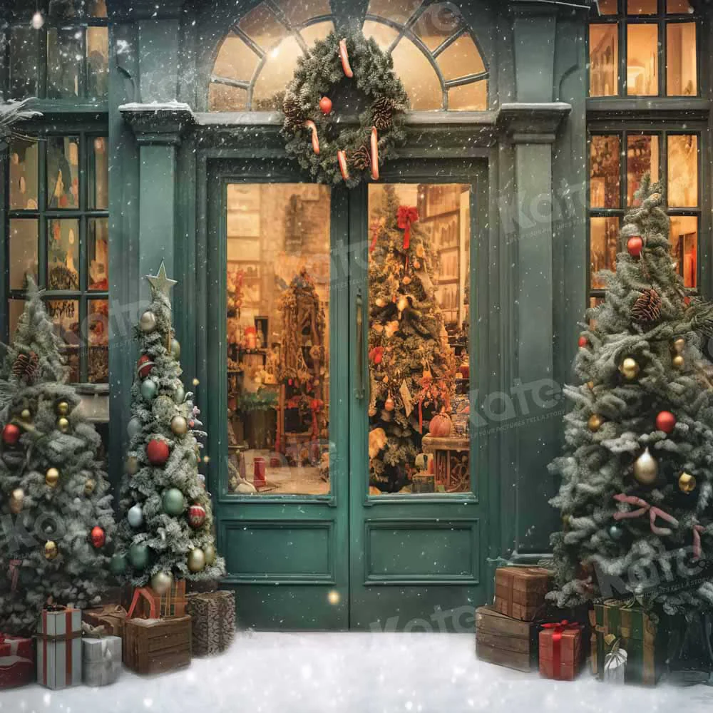 Kate Christmas Snow Green House Store Tree Backdrop Designed by Emetselch - Image 7