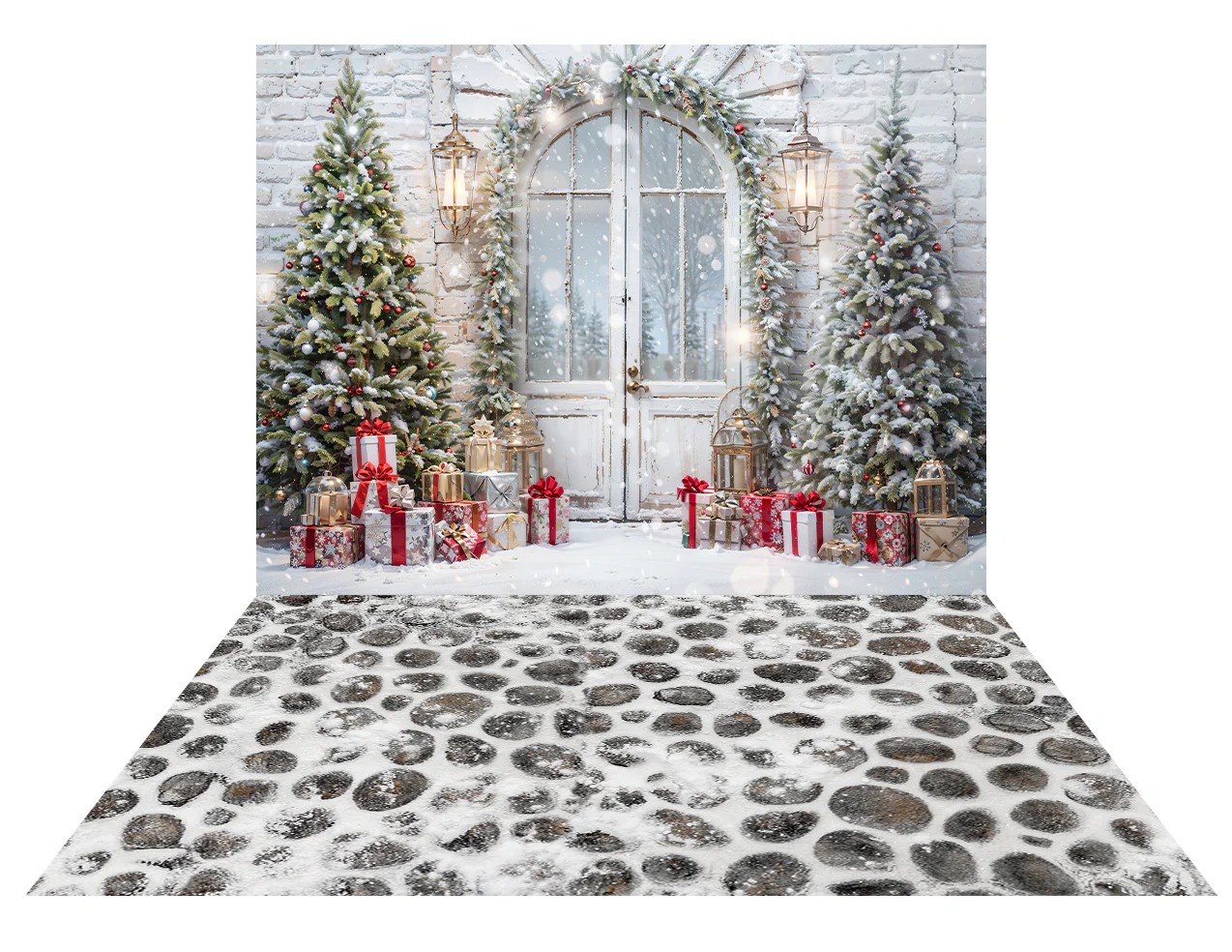 Kate Christmas Snow Tree Door Backdrop+Cobblestone Winter Snow Floor Backdrop - Image 2