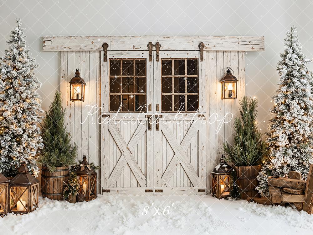 Kate Christmas Snow Trees Lanterns Rustic Doors Backdrop Designed by Emetselch - Image 3