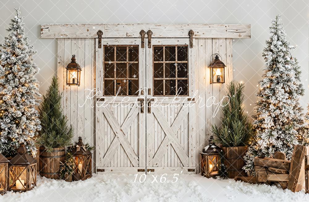 Kate Christmas Snow Trees Lanterns Rustic Doors Backdrop Designed by Emetselch - Image 4