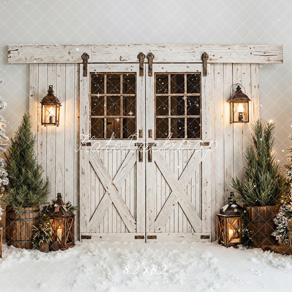 Kate Christmas Snow Trees Lanterns Rustic Doors Backdrop Designed by Emetselch - Image 5