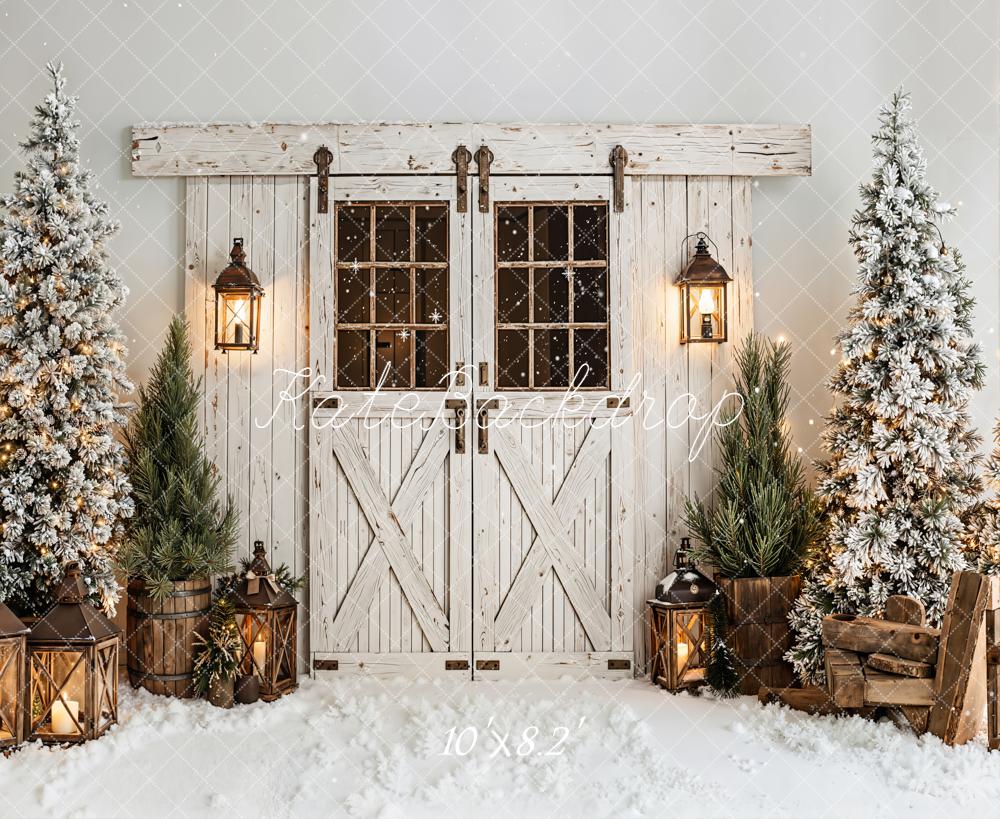Kate Christmas Snow Trees Lanterns Rustic Doors Backdrop Designed by Emetselch - Image 6