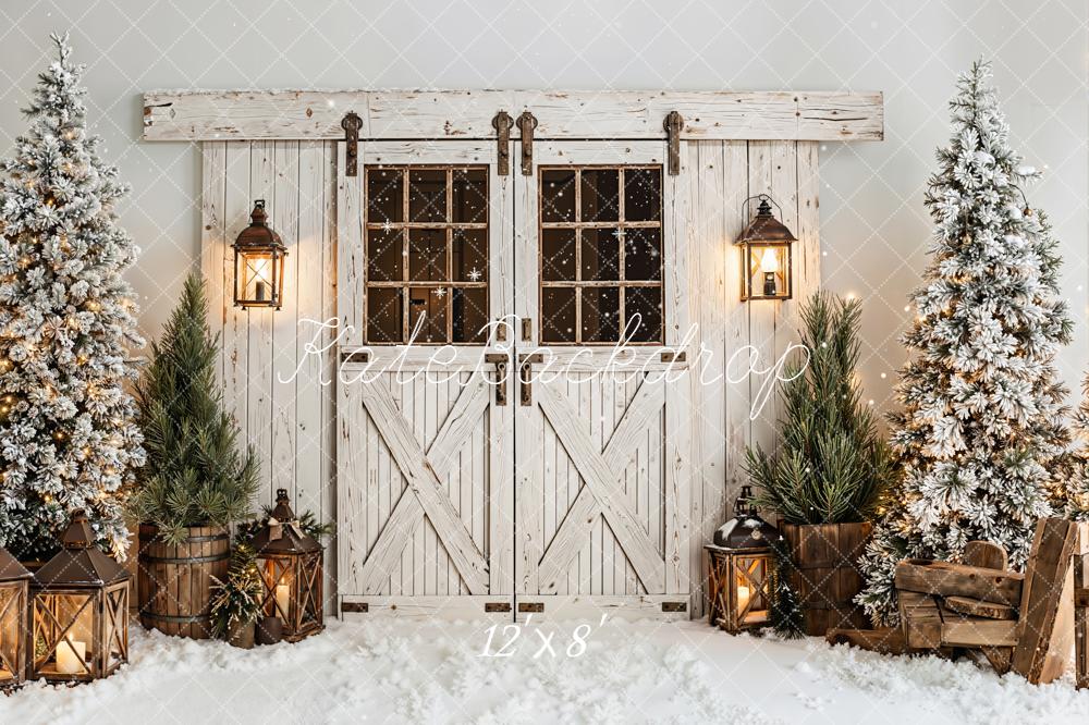 Kate Christmas Snow Trees Lanterns Rustic Doors Backdrop Designed by Emetselch - Image 8