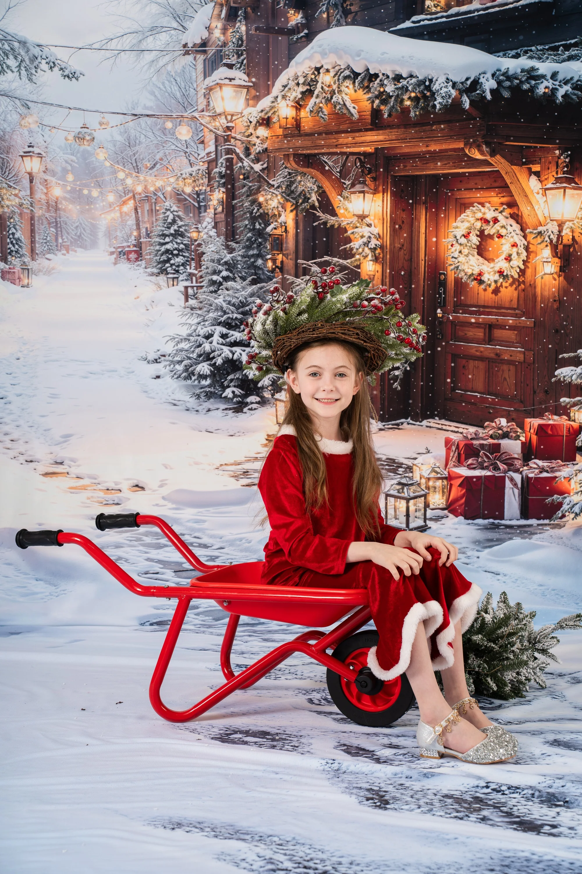 Kate Christmas Snow Village Wreath Presents Backdrop Designed by Emetselch - Image 3