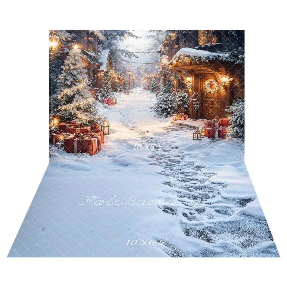 Kate Christmas Snow Village Lights Presents Backdrop+Snowy Path Footprints Backdrop - Image 2