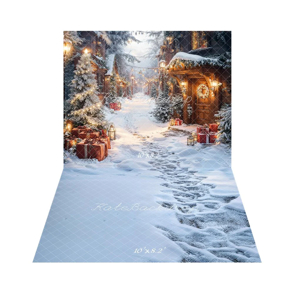 Kate Christmas Snow Village Lights Presents Backdrop+Snowy Path Footprints Backdrop - Image 4