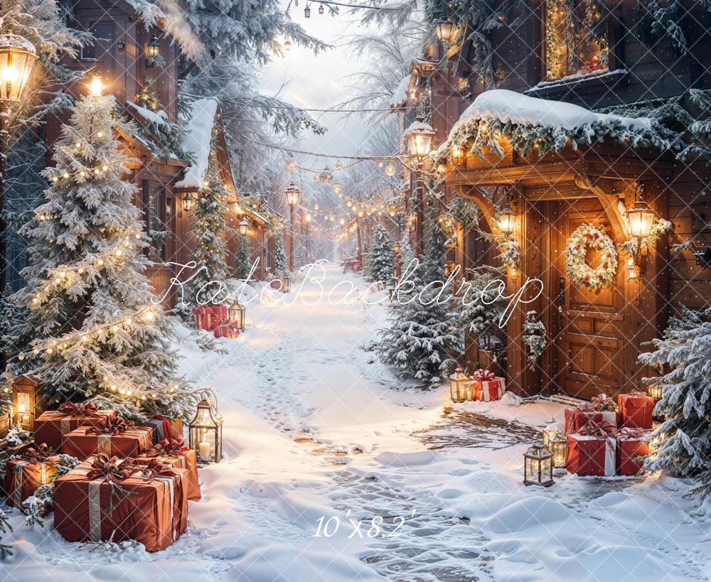 Kate Christmas Snow Village Wreath Presents Backdrop Designed by Emetselch - Image 8