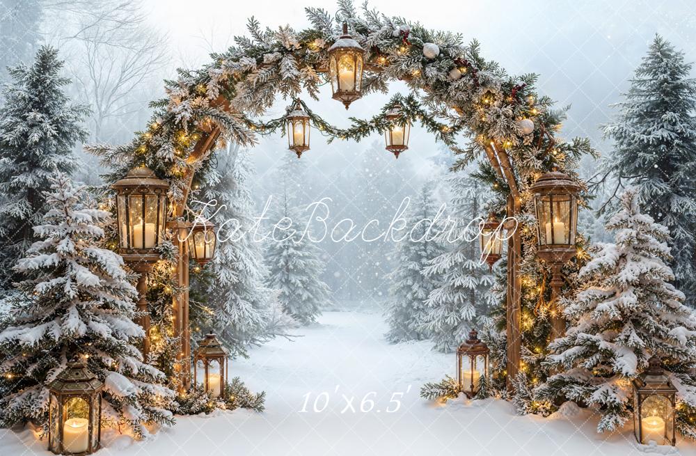 Kate Christmas Snowy Arch Lanterns Forest Fleece Backdrop Designed by Emetselch - Image 2
