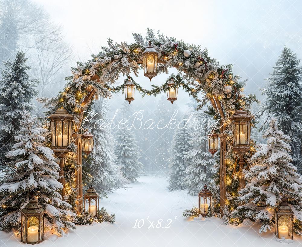 Kate Christmas Snowy Arch Lanterns Forest Fleece Backdrop Designed by Emetselch - Image 3