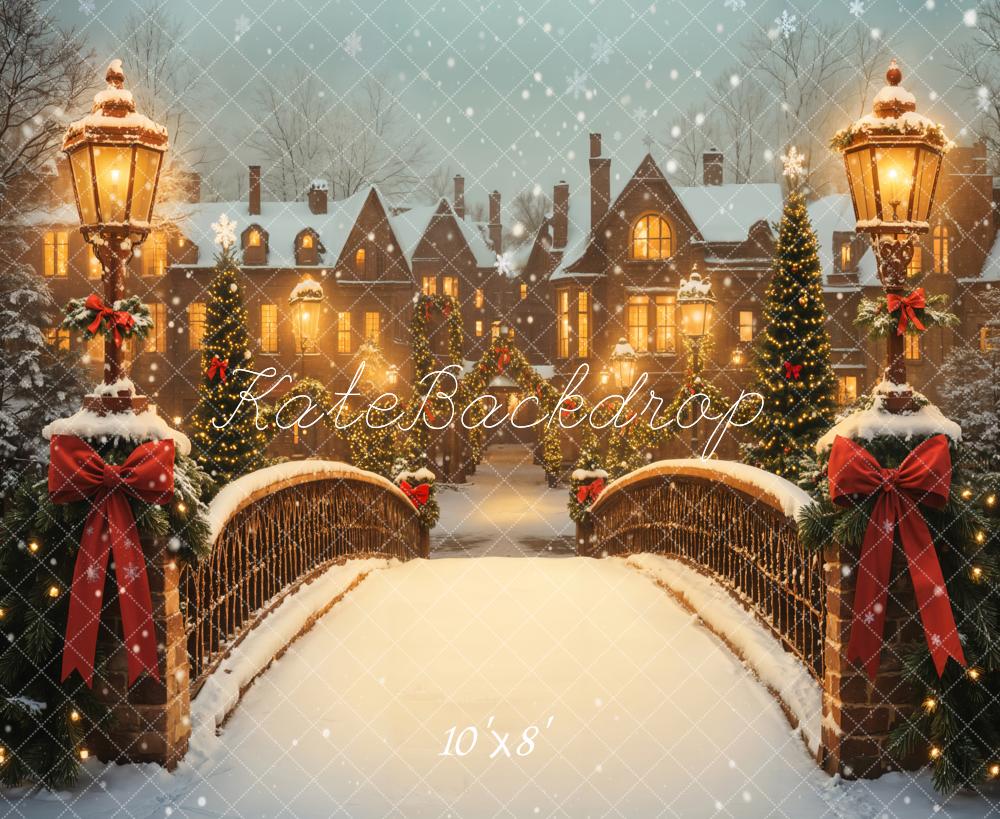 Kate Christmas Snowy Bridge Houses Fleece Backdrop Designed by Emetselch - Image 3