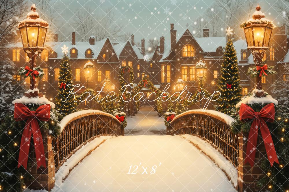 Kate Christmas Snowy Bridge Houses Fleece Backdrop Designed by Emetselch - Image 4