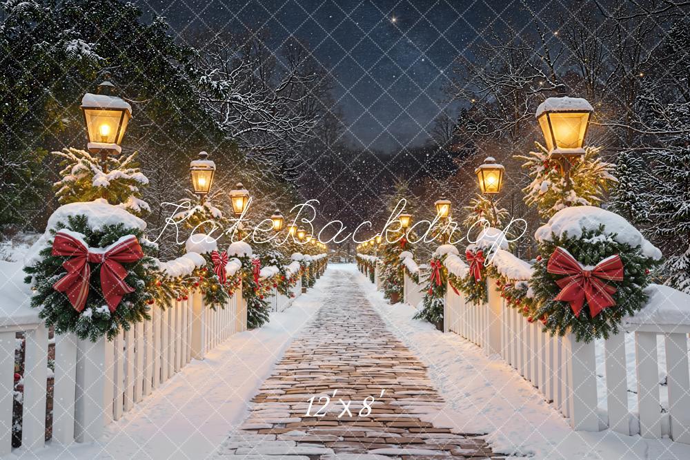 Kate Christmas Snowy Bridge Lanterns Fleece Backdrop Designed by Emetselch - Image 4