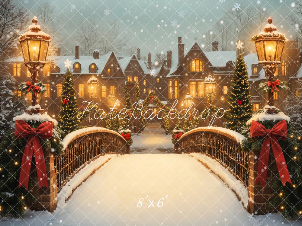 Kate Christmas Snowy Bridge Streetlamps Houses Backdrop Designed by Emetselch - Image 3