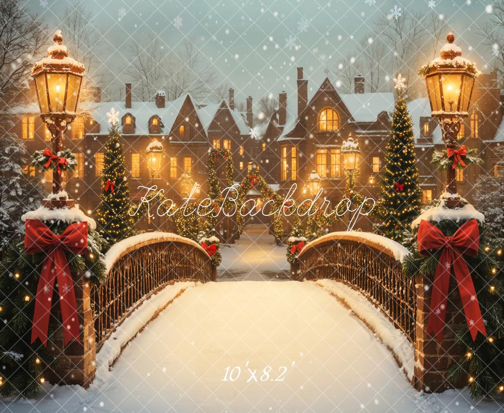 Kate Christmas Snowy Bridge Streetlamps Houses Backdrop Designed by Emetselch - Image 6