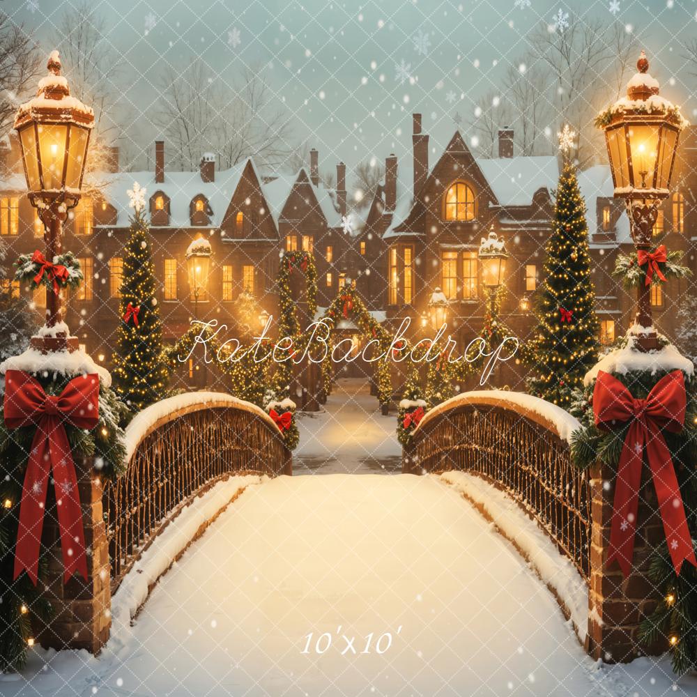 Kate Christmas Snowy Bridge Streetlamps Houses Backdrop Designed by Emetselch - Image 7