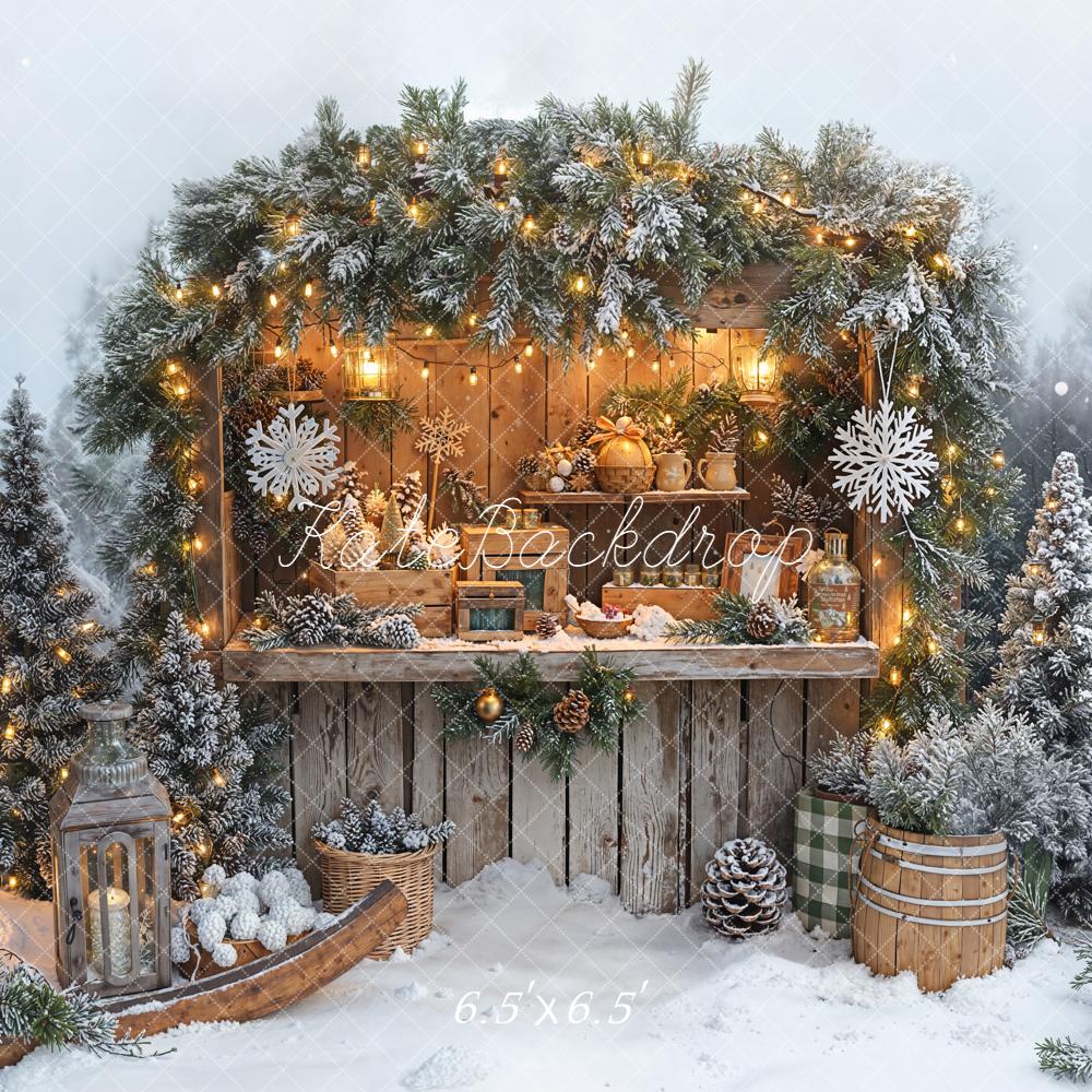 Kate Christmas Snowy Cabin Pine Garland Backdrop Designed by Emetselch - Image 2