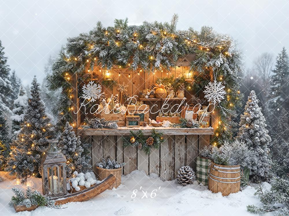 Kate Christmas Snowy Cabin Pine Garland Backdrop Designed by Emetselch - Image 3