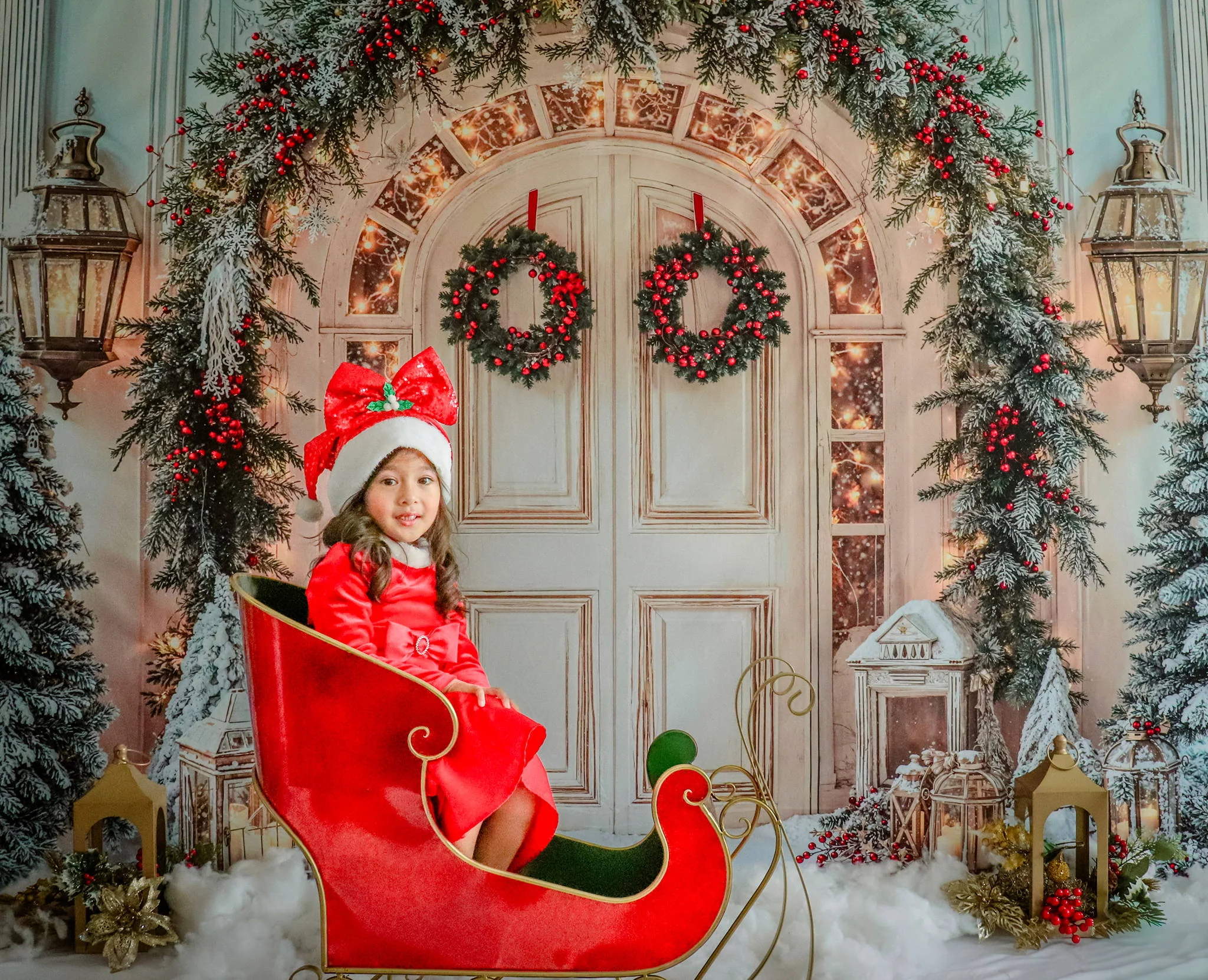 Kate Christmas Snowy Door Garland Lanterns Backdrop Designed by Emetselch