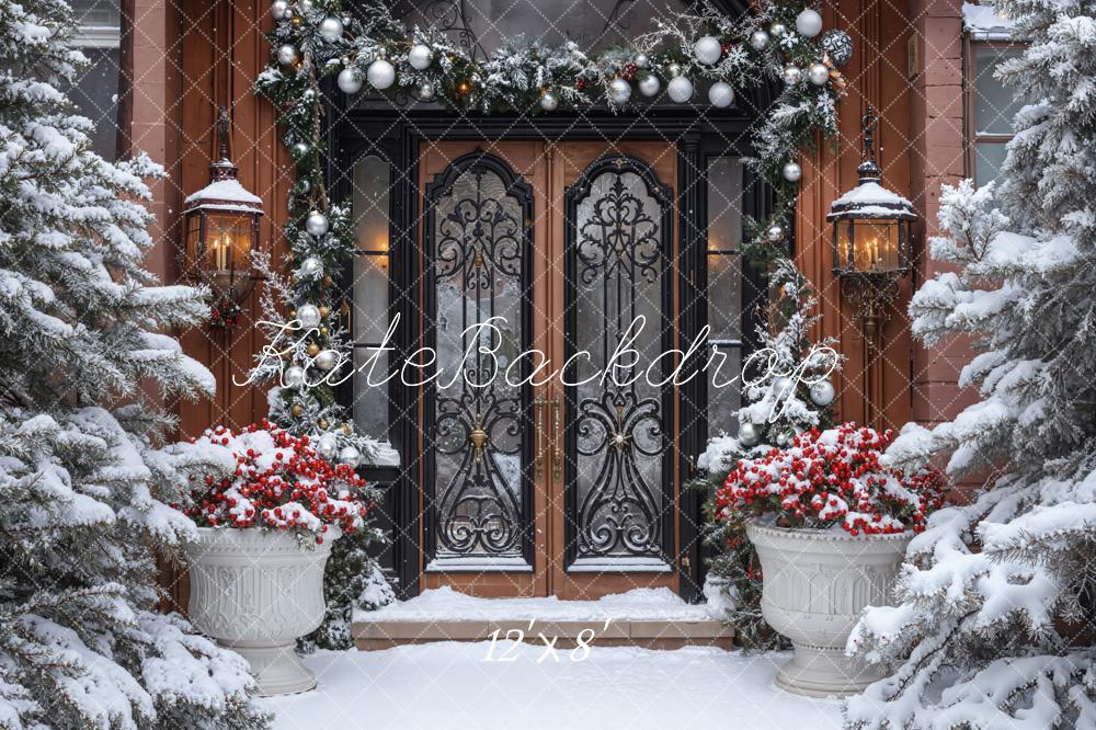 Kate Christmas Snowy Door Garland Lanterns Fleece Backdrop Designed by Emetselch - Image 2