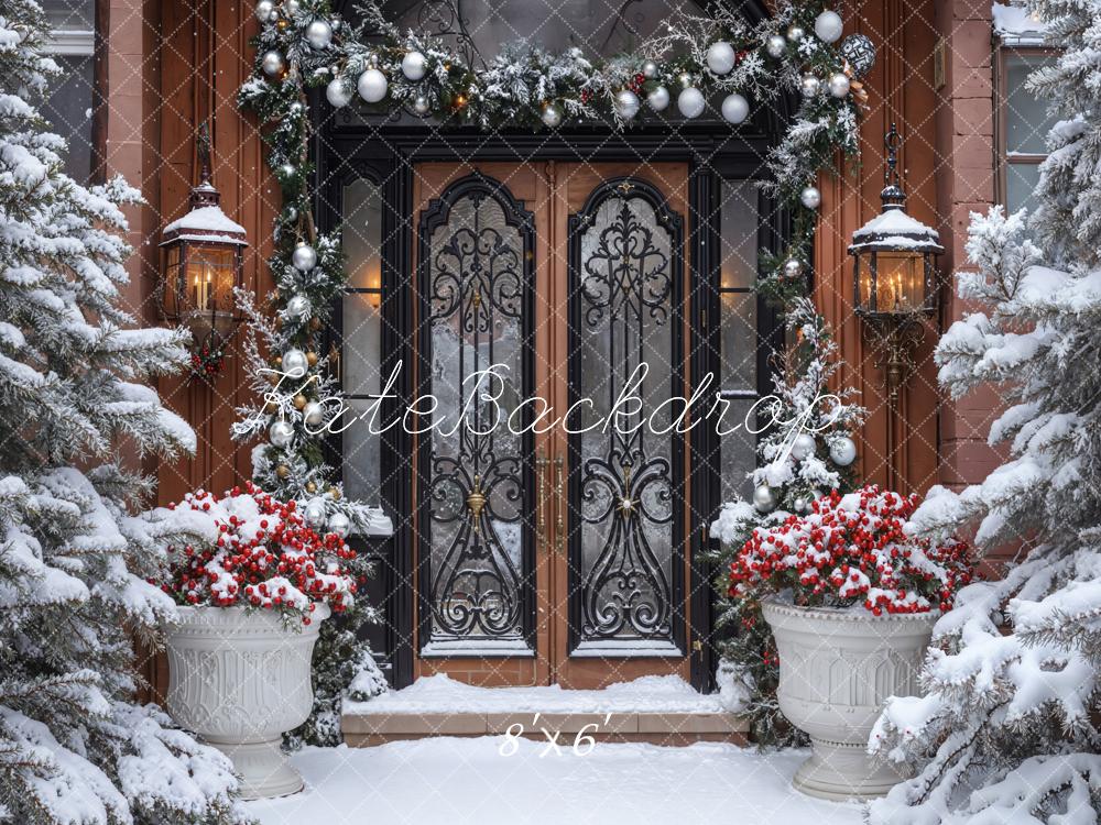 Kate Christmas Snowy Door Garland Lanterns Fleece Backdrop Designed by Emetselch - Image 3