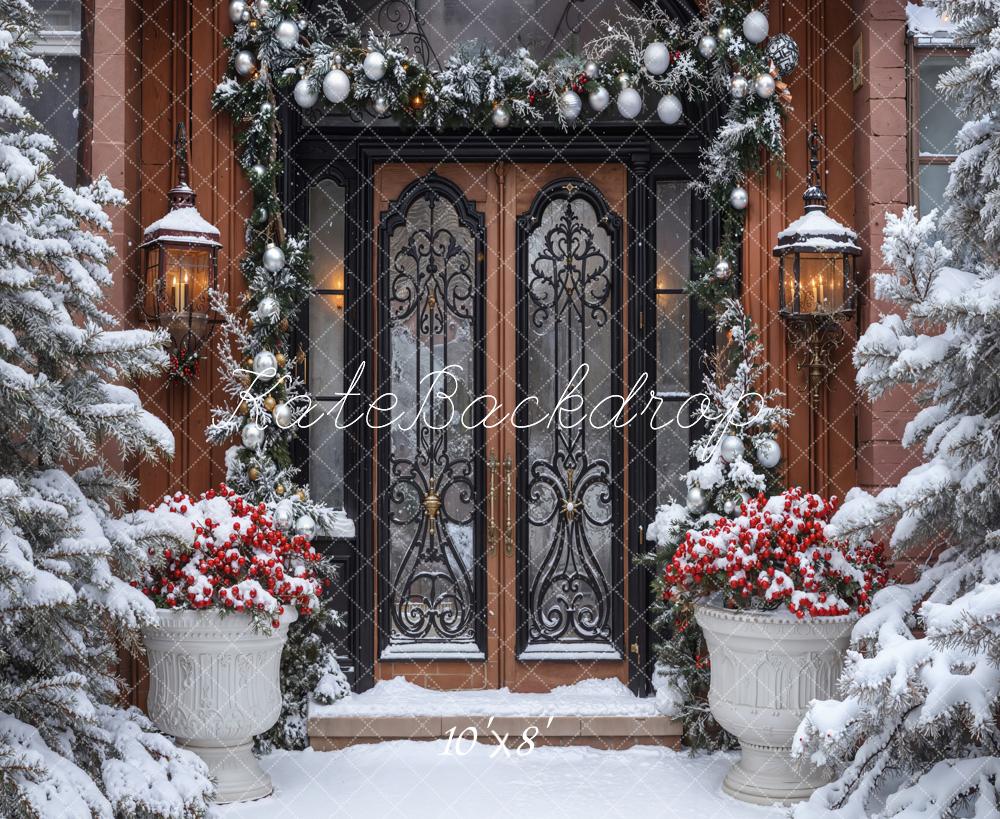 Kate Christmas Snowy Door Garland Lanterns Fleece Backdrop Designed by Emetselch - Image 4