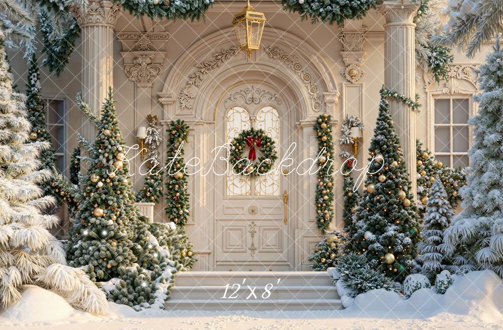 Kate Christmas Snowy Doorway Garland Fleece Backdrop Designed by Emetselch - Image 2