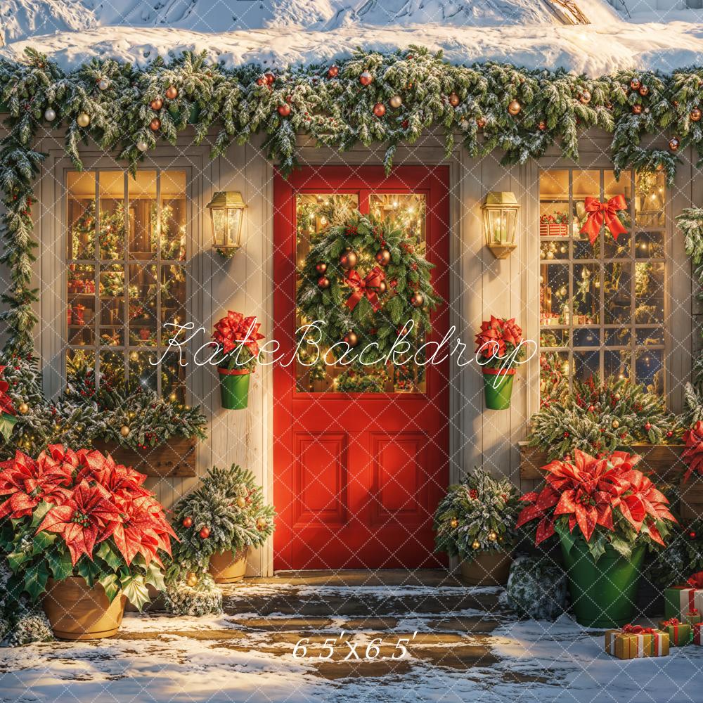 Kate Christmas Snowy House Poinsettia Backdrop Designed by Emetselch - Image 2