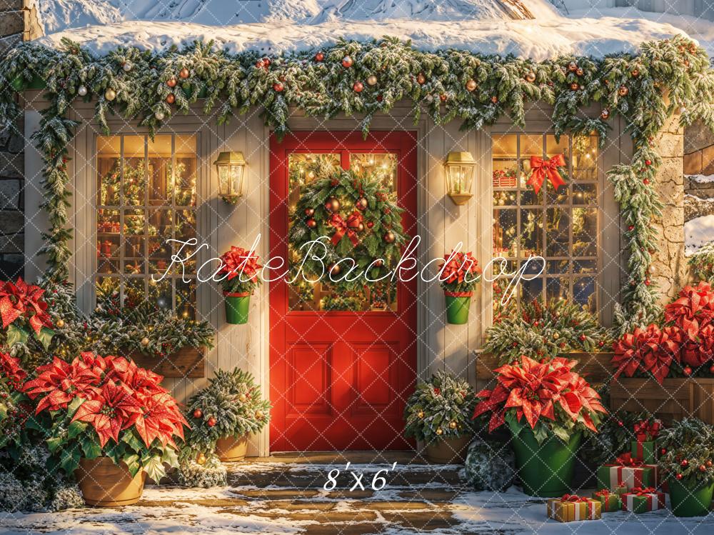 Kate Christmas Snowy House Poinsettia Backdrop Designed by Emetselch - Image 3