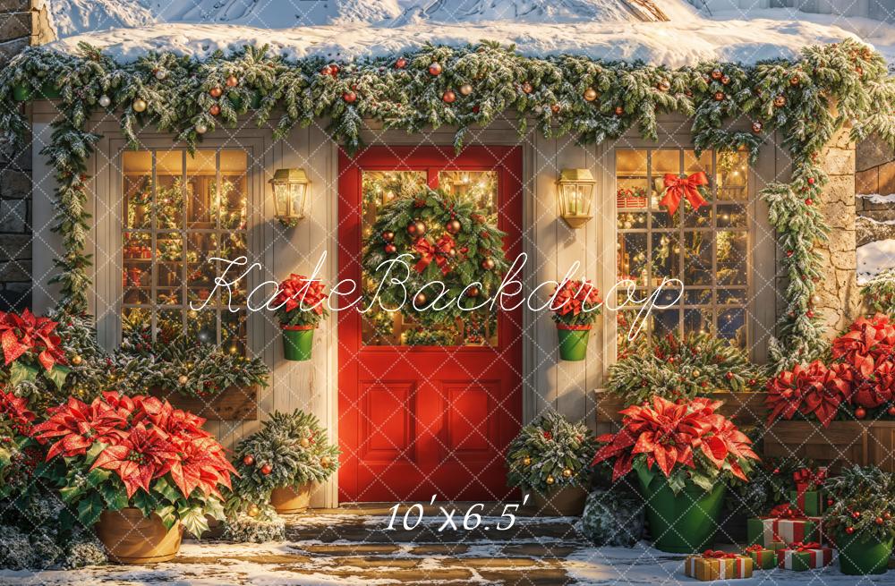 Kate Christmas Snowy House Poinsettia Backdrop Designed by Emetselch - Image 4