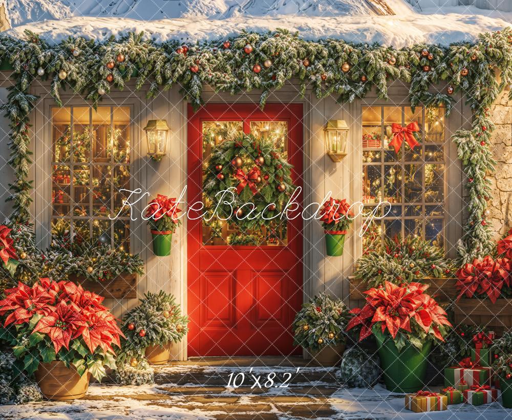 Kate Christmas Snowy House Poinsettia Backdrop Designed by Emetselch - Image 5
