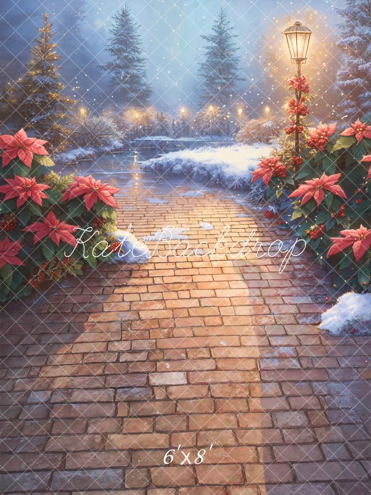 Kate Christmas Snowy Stone Path Poinsettia Lamp Backdrop Designed by Emetselch - Image 3