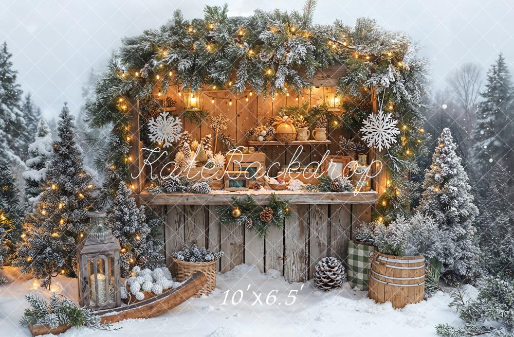 Kate Christmas Snowy Pine Lantern Fleece Backdrop Designed by Emetselch - Image 2