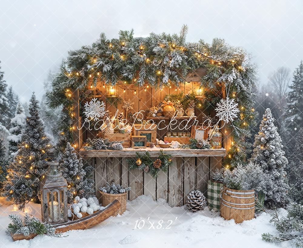 Kate Christmas Snowy Pine Lantern Fleece Backdrop Designed by Emetselch - Image 3